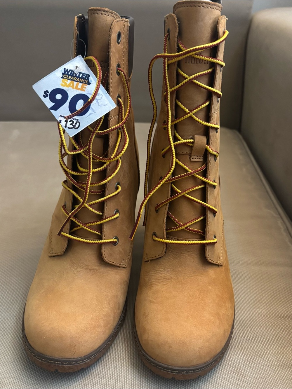 NWT Timberland Women's Tan Lace-Up Leather Heeled Ankle Boots - Picture 5 of 6